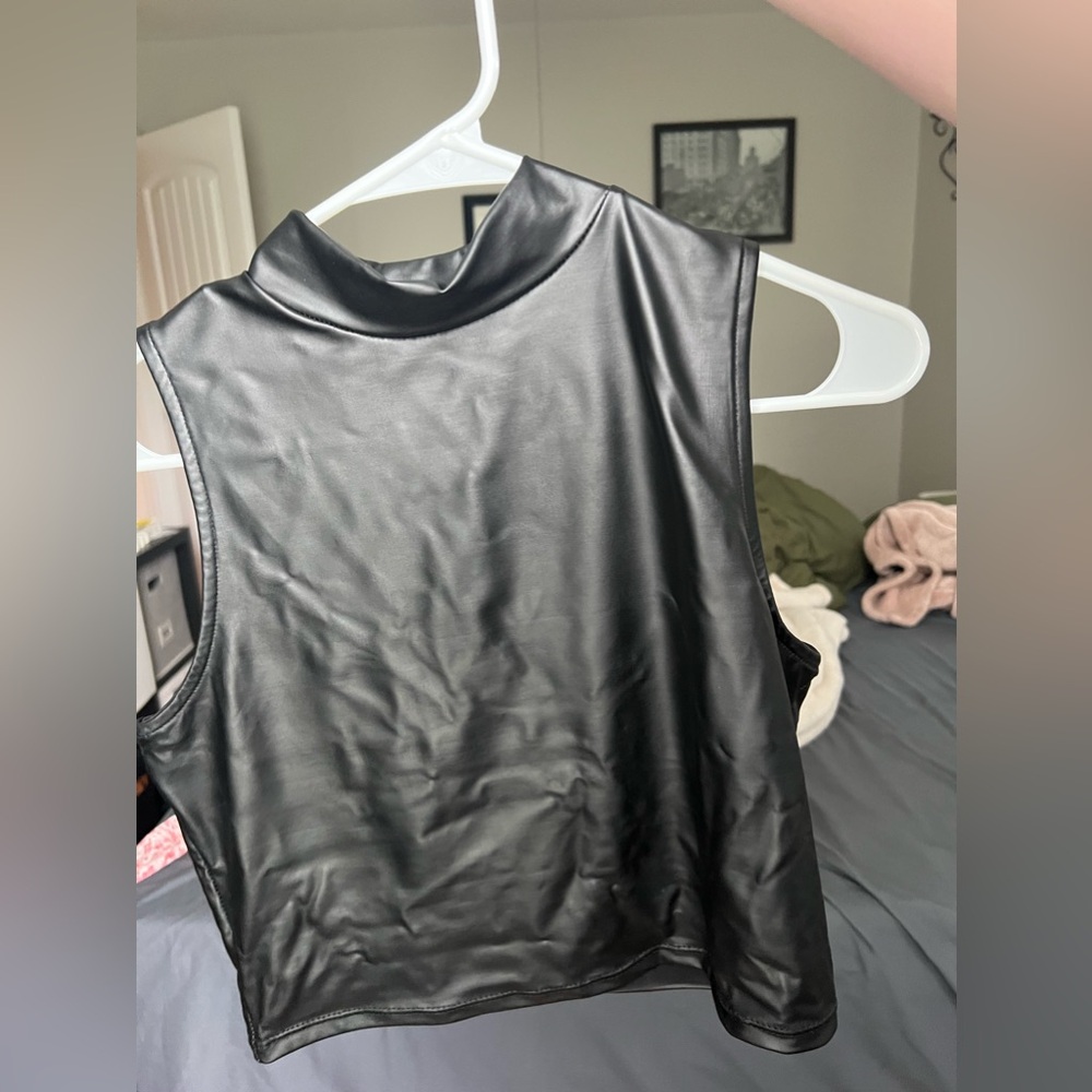 Black Leather Mock Neck Tank Cropped